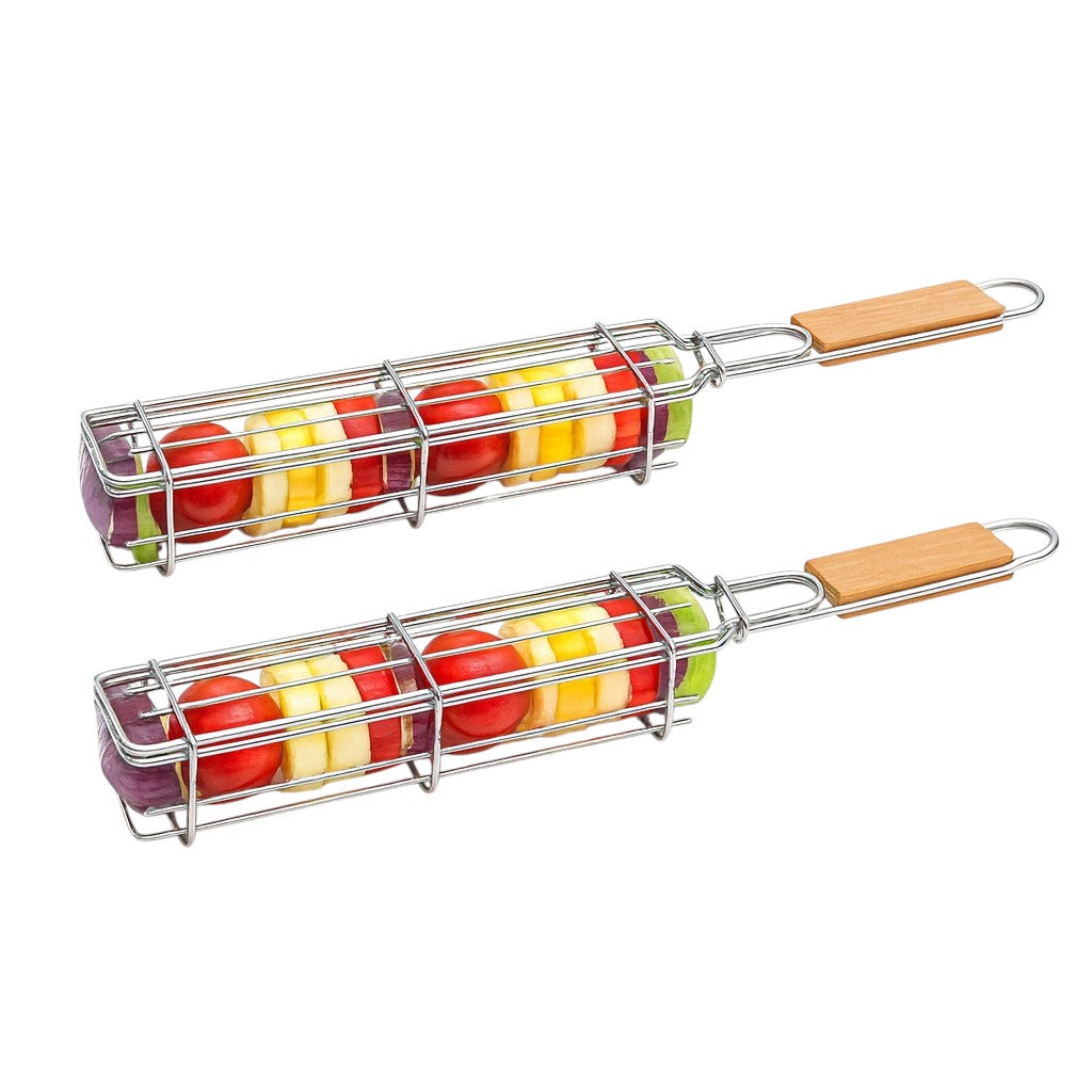 Set of 2 BBQ Vegetable Grill Baskets – Long Stainless Steel Side-Opening Design