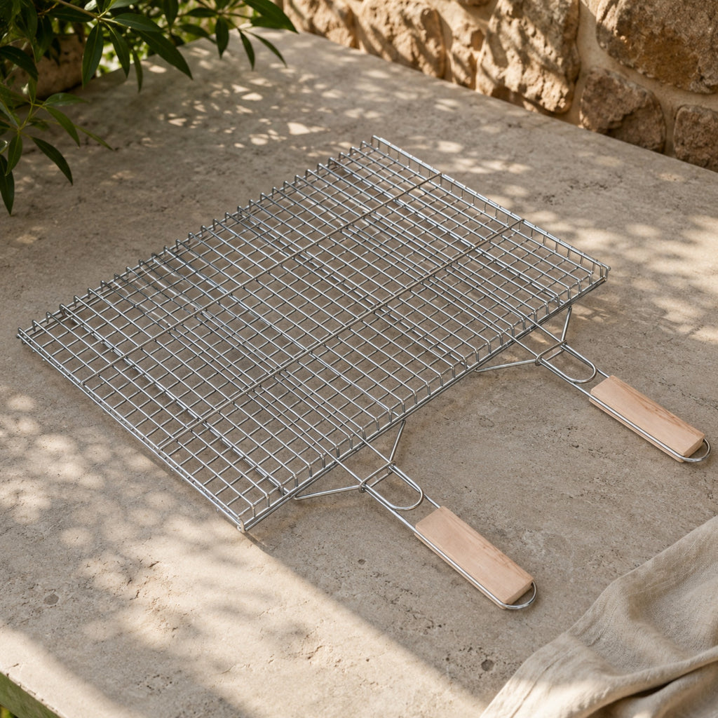 Extra-Large Foldable BBQ Basket – Stainless Steel Mesh with Dual Wooden Handles (46 × 56 cm)