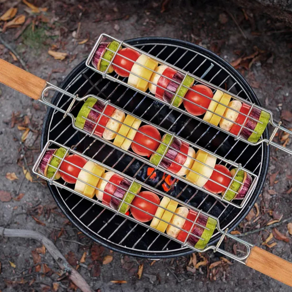 Set of 2 BBQ Vegetable Grill Baskets – Long Stainless Steel Side-Opening Design