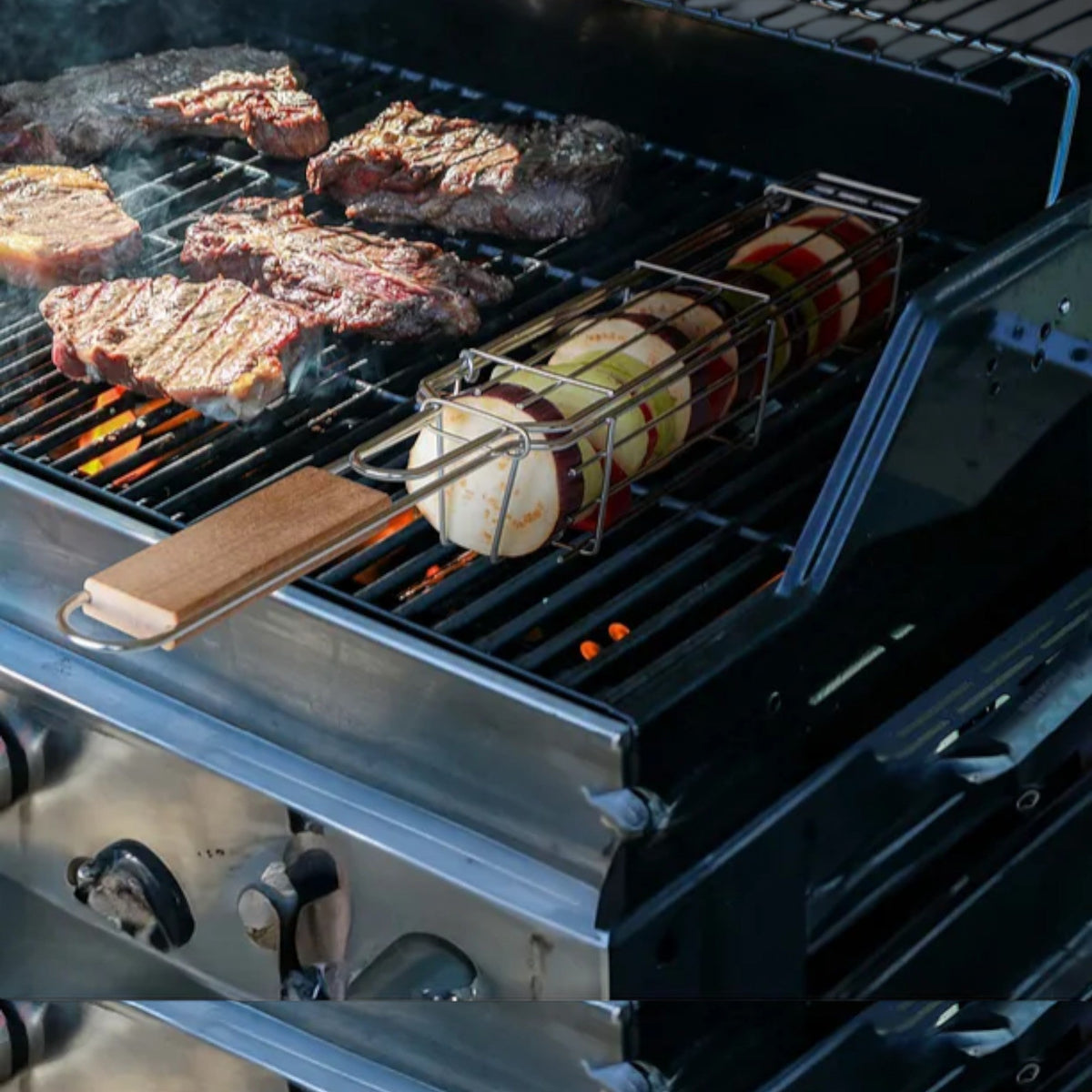 Stainless Steel Vegetable Grill Cage – Long Side-Opening BBQ Basket with Handle