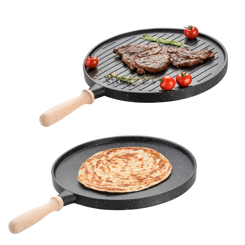 35cm Double-Sided Granite Griddle Pan | Non-Stick, Oven-Safe Grill Plate with Detachable Handle