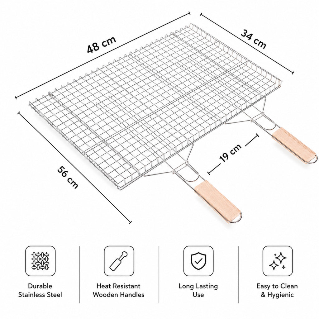 Extra-Large Foldable BBQ Basket – Stainless Steel Mesh with Dual Wooden Handles (46 × 56 cm)