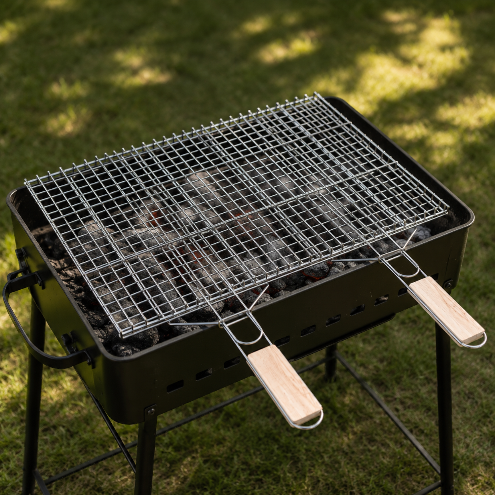 Extra-Large Foldable BBQ Basket – Stainless Steel Mesh with Dual Wooden Handles (46 × 56 cm)