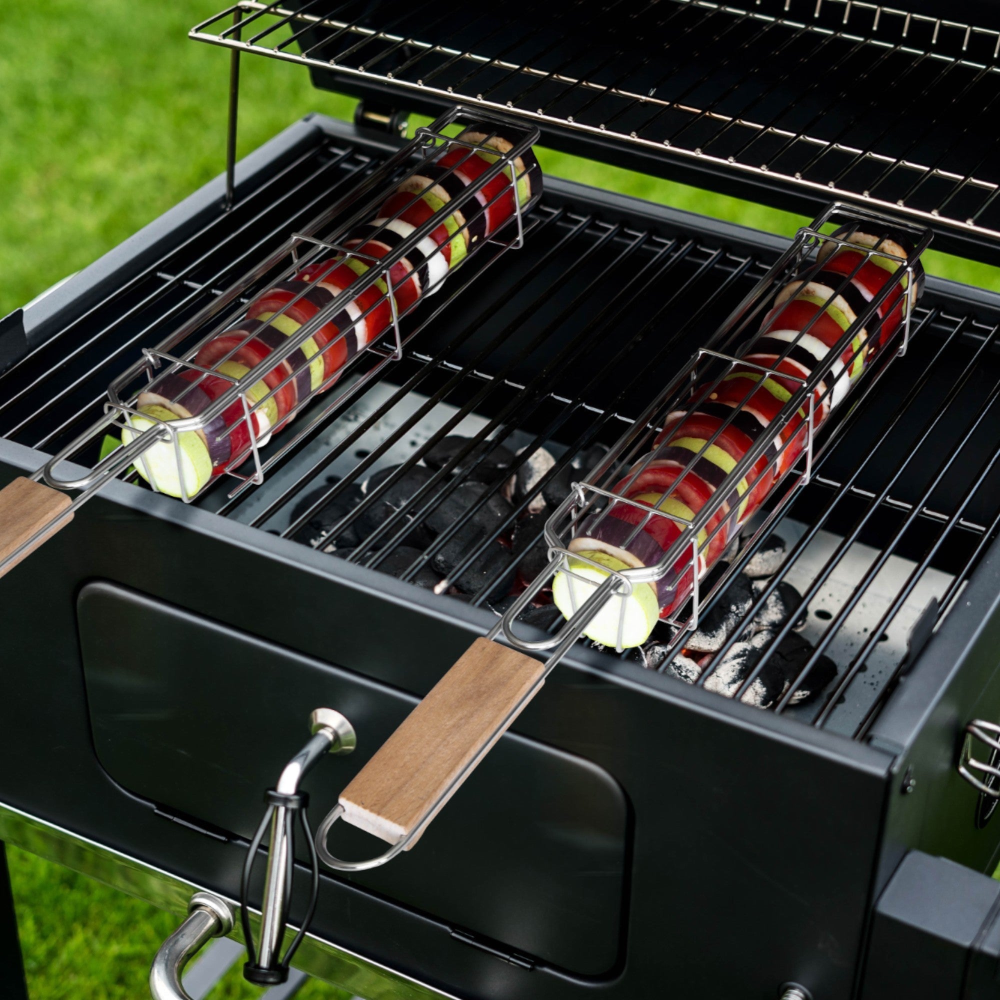 Set of 2 BBQ Vegetable Grill Baskets – Long Stainless Steel Side-Opening Design