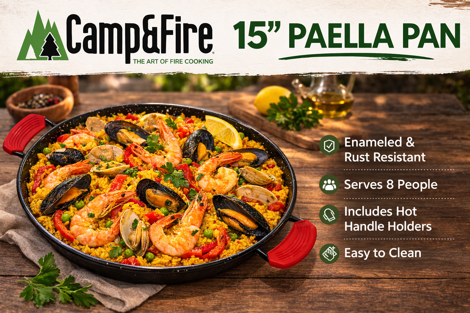 Enamelled Paella Pan. Non-Stick Carbon Steel with Silicone Handles.