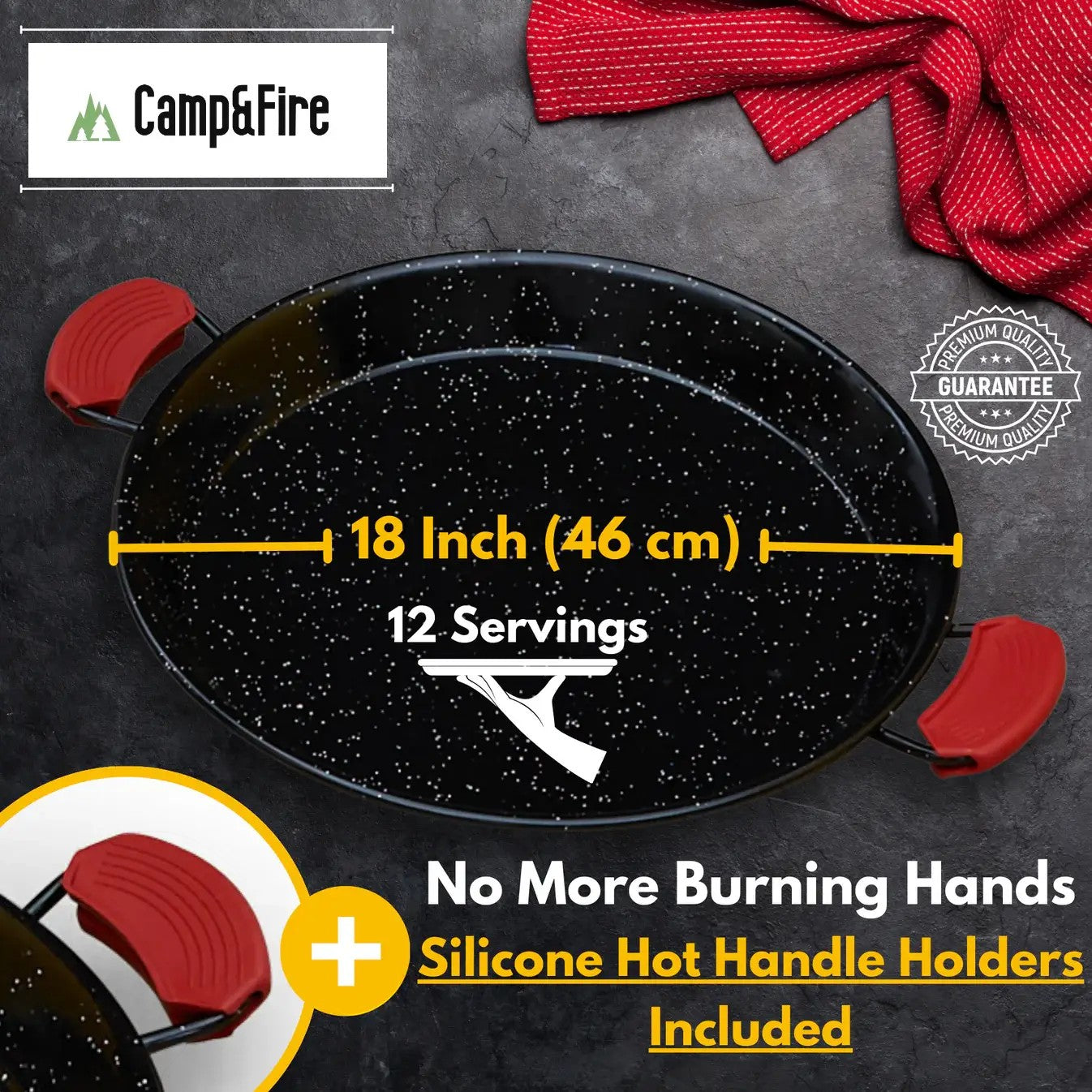 Enamelled Paella Pan. Non-Stick Carbon Steel with Silicone Handles.