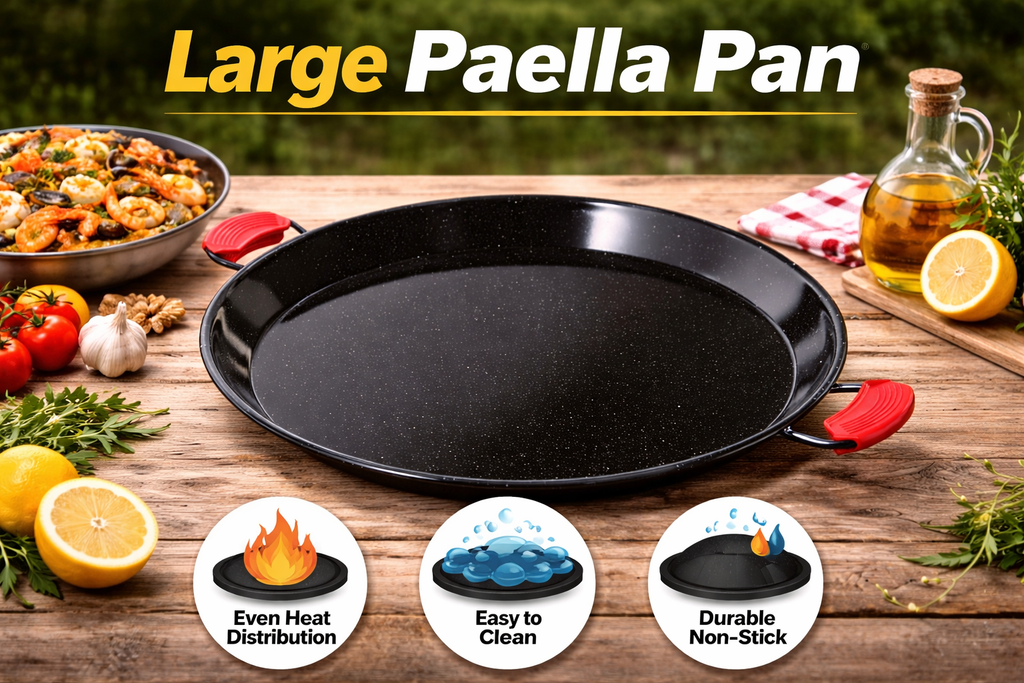 Enamelled Paella Pan. Non-Stick Carbon Steel with Silicone Handles.