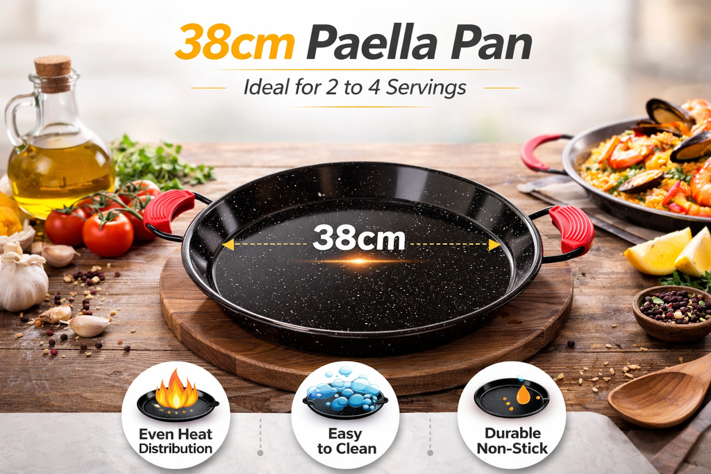 Enamelled Paella Pan. Non-Stick Carbon Steel with Silicone Handles.