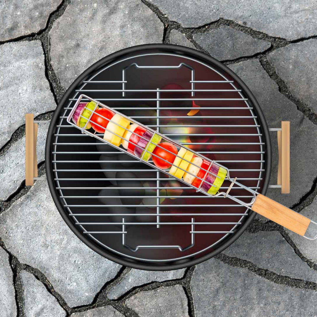 Set of 2 BBQ Vegetable Grill Baskets – Long Stainless Steel Side-Opening Design