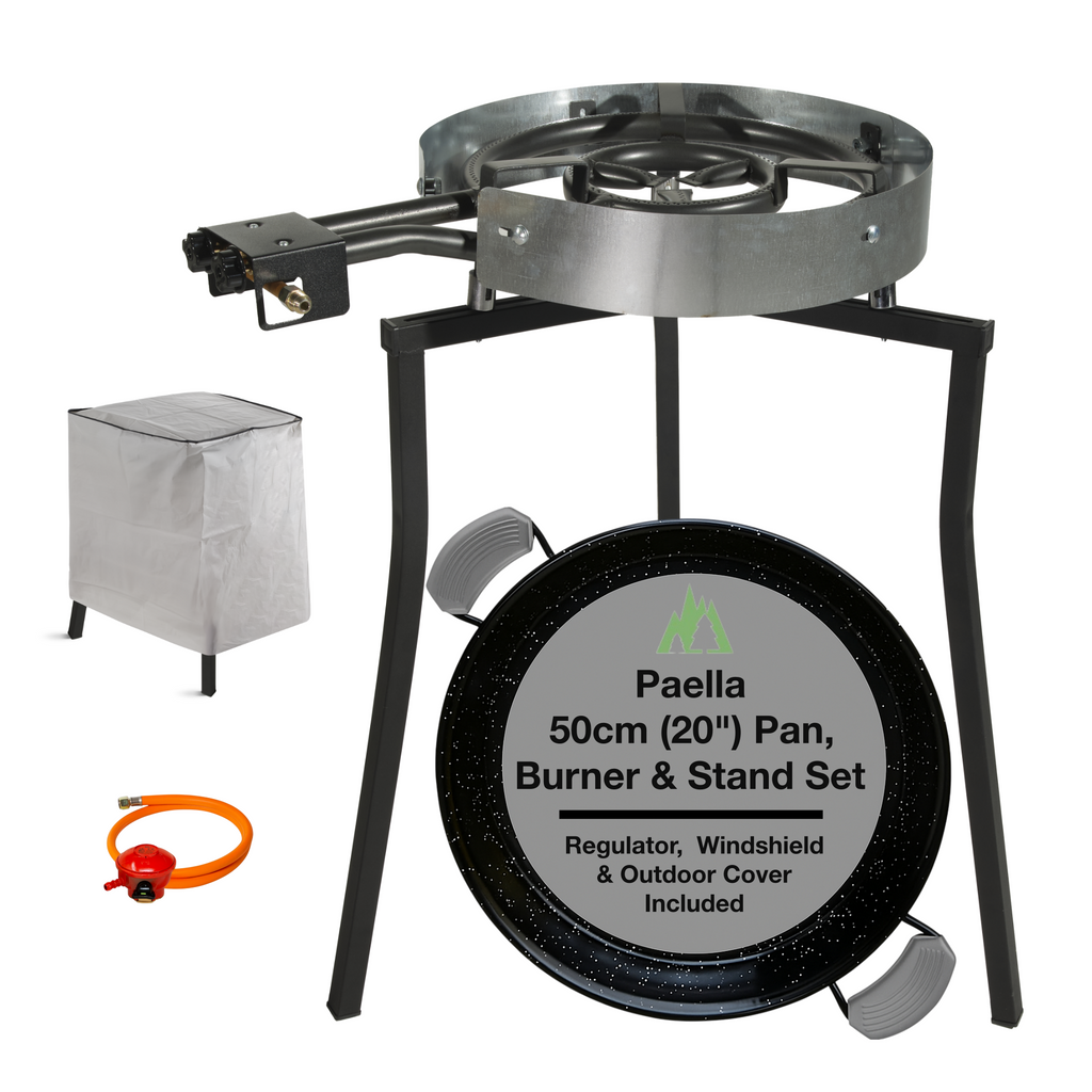 Paella Cooking Set. 14 Serving (50cm,20") – Paella Pan, Gas Burner & Tripod Stand – Full Outdoor Cooking Kit