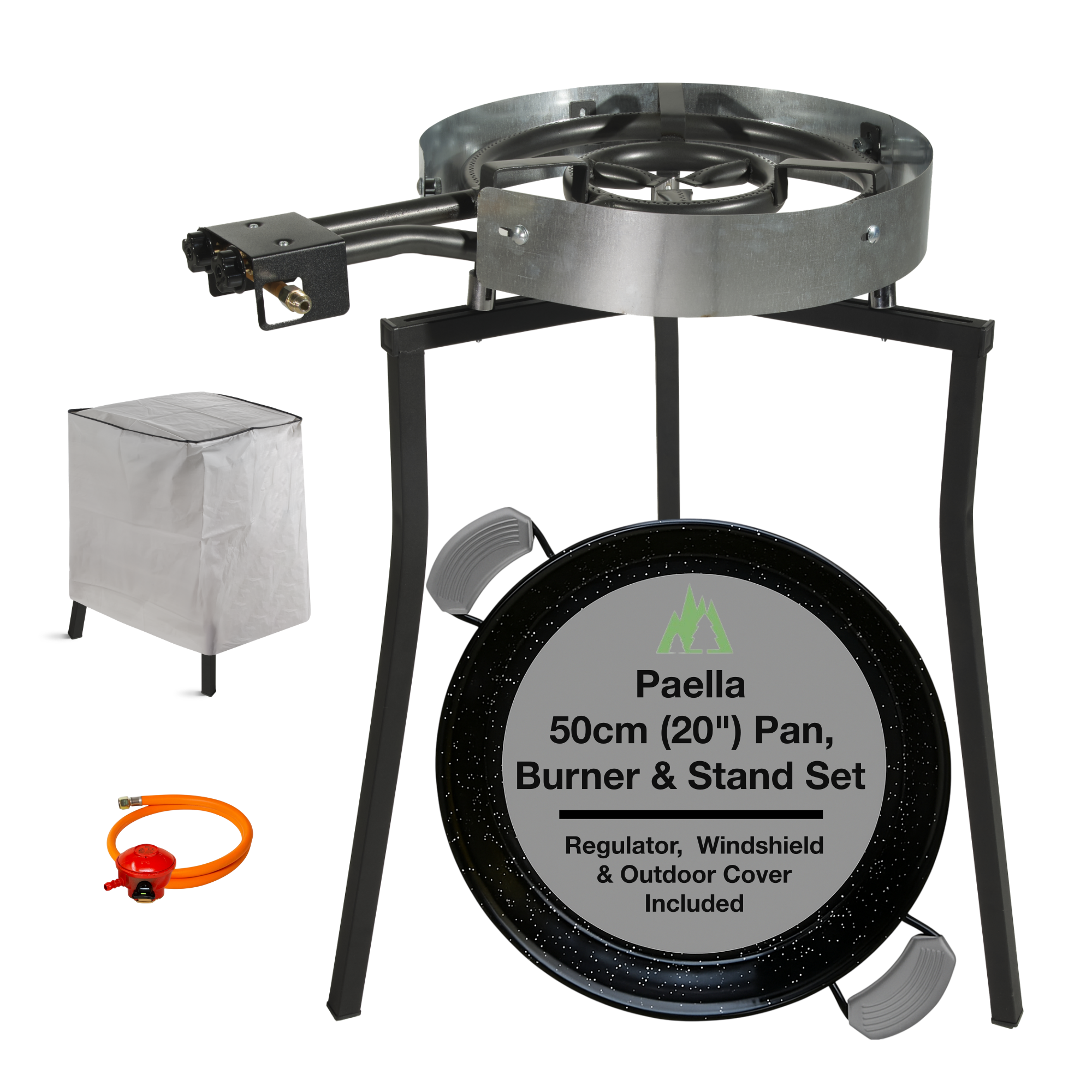 Paella Cooking Set. 14 Serving (50cm,20") – Paella Pan, Gas Burner & Tripod Stand – Full Outdoor Cooking Kit
