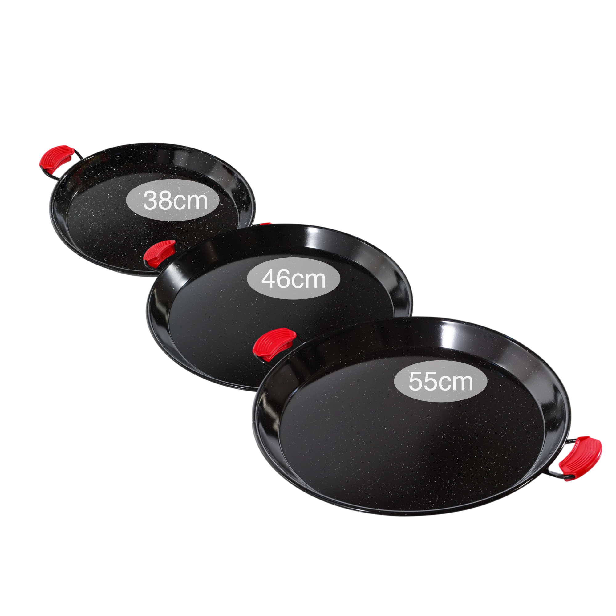 Enamelled Paella Pan. Non-Stick Carbon Steel with Silicone Handles.
