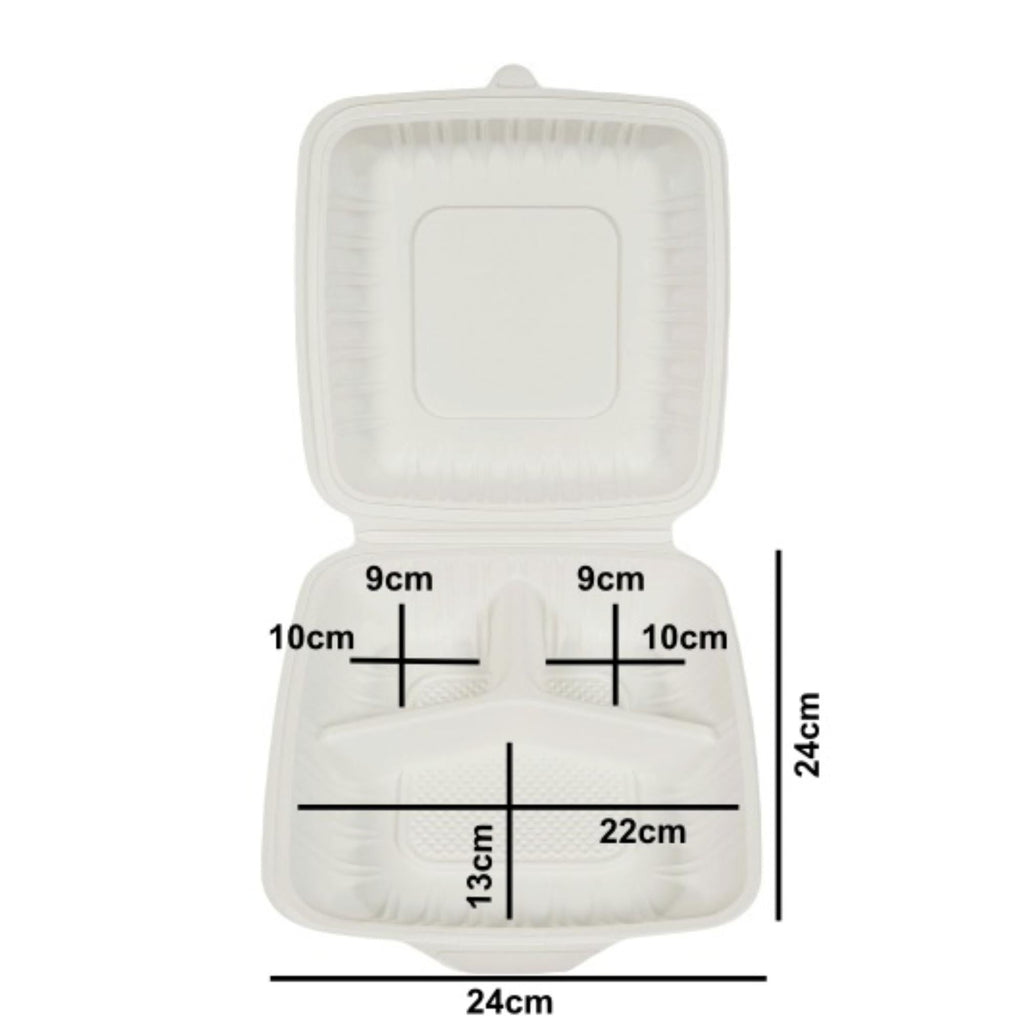 3 Compartment Large Takeaway Boxes. Square (24x24) Eco-Friendly Food Containers.